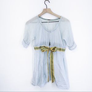 Free People Blue Sheer Babydoll Bow Top